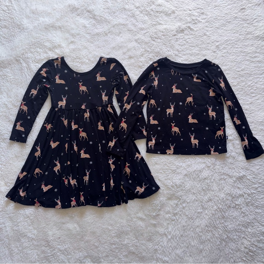 Two Kyte Baby Girls 3T Midnight Deer Twirl LS Dress + LS Tee Shirt Christmas Lot